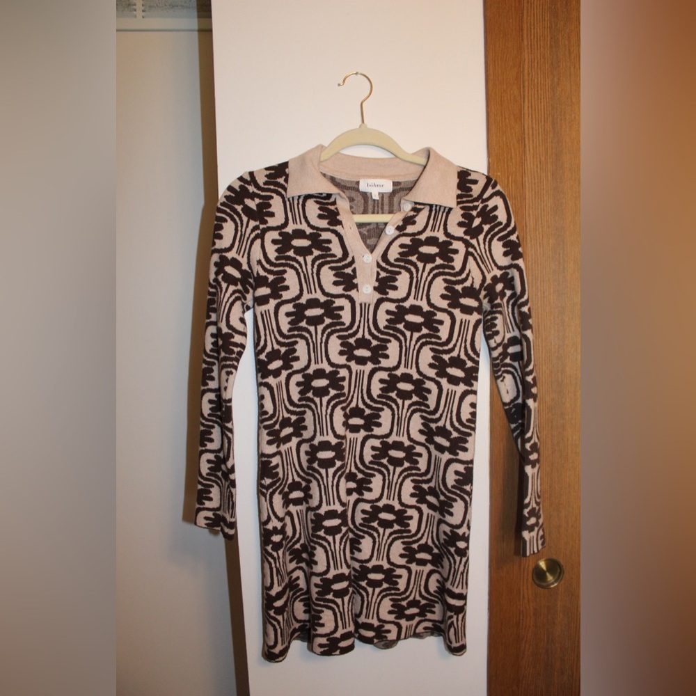 Bohme Beige and Black Floral Long Sleeve Dress